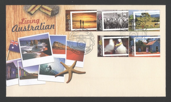 Item no. P672a (cover)
Type: cover
Country: Australia
Date of issue: 24 July 2012
Catalog number:
FDCover (front of, bearing special cancel showing a camera) with 5 stamps “Living Australian” presenting winning photographs from a Competition of Photography. The contest asked to “Creatively explore the theme ‘Make Your Mark Australia’ through the medium of photography”.
Item no. P672a (cover).jpg