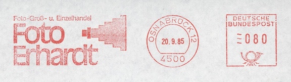 Item no. M280 (meter)
Type: frankmark
Country: Germany
Date of use: 20 September 1985
Meter advertising the company FOTO ERHARDT in Osnabrück (Germany), wholesale and retail dealer with photographic equipment.
Item no. M280 (meter).jpg