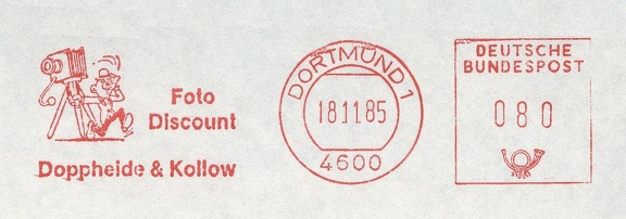 Item no. M281 (meter)
Type: frankmark
Country: Germany
Date of use: 18 November 1985
Meter advertising the company Foto-Dscount DOPPHEIDE & KOLLOW GmbH & Co. in Dortmund (Germany), photographic store and processing lab.
Item no. M281 (meter).jpg