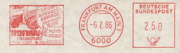 Item no. M282 (meter)
Type: frankmark
Country: Germany
Date of use: 18 November 1985
Meter advertising the trading company HOFMAHI Foto – Video in Frankfurt (Germany).
Item no. M282 (meter).jpg