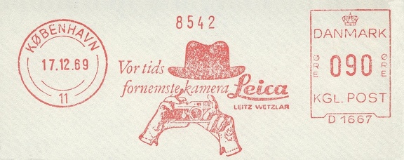 Item no. M284 (meter)
Type: frankmark
Country: Denmark
Date of use: 17 December 1969
Meter advertising the camera LEICA as “The Best Camera of Today”.
Item no. M284 (meter).jpg