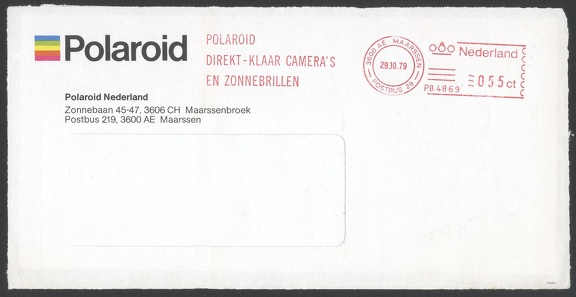 Item no. P735 (cover)
Type: cover
Country: The Netherlands
Date of use: 29 October 1979
Business stationery (cover) used by company POLAROID Nederland in Maarssen (The Netherlands). The cover bears red frankmark advertising Polaroid cameras for instant photography.
Item no. P735 (cover).jpg