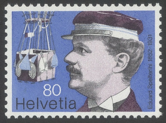 Item no. S312 (stamp)
Type: stamp
Country: Switzerland
Date of issue: 27 January 1977
Catalog number: Scott no. 621 (of 620 – 623); Michel no. 1091 (of (1090 – 1093)
Stamp of a 4-stamp set commemorating aviation pioneers. It honors captain EDUARD SPELTERINI (1852 – 1931), a balloon pilot who has been known and respected for aerial photographs taken during his numerous flights.
Item no. S312 (stamp).jpg