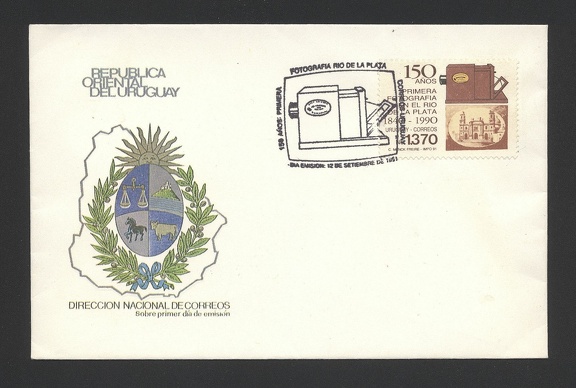 Item no. P774 (cover)
Type: cover
Country: Uruguay
Date of use: 12 September 1991
FDCover issued to commemorate the 150 anniversary of the first photograph taken in Rio de la Plata 1840 -1990 (Uruguay), thus honoring also the 150th Anniversary of Photography in the world. Both the stamp and the special cancellation show image of an early daguerreotype camera (manufactured by Alphonse Giroux in Paris).
Item no. P774 (cover).jpg