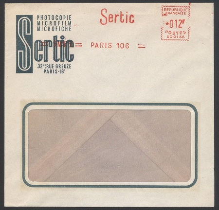 Item no. P809 (cover)
Type: cover
Country: France
Date of use: 9 March 1956
Business stationery (cover) used by the company SERTIC offering various methods of copying documents, also in form of microfilms and microfiches.
Item no. P809 (cover).jpg