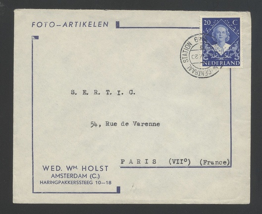 Item no. P790 (cover)
Type: cover
Country: The Netherlands
Date of use: 1948
Business stationery used by WED. WM. HOLST in Amsterdam (The Netherlands), dealer with photographic equipment and materials.
Item no. P790 (cover).jpg