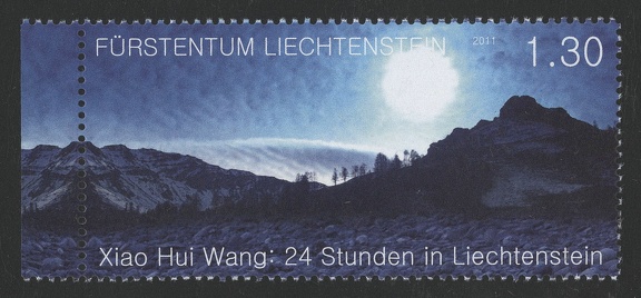 Item no. S337 (stamp)
Type: stamp
Country: Liechtenstein
Date of issue: 9 September 2011
Catalog number:
Stamp (I) of 2-stamp set presenting Liechtenstein landscape photographed by Chinese female photographer Xiao Hui Wang (b. 1957). The photograph the stamp was based upon was part of an photographic exhibition “24 Hours in Liechtenstein”.
Item no. S337 (stamp).jpg