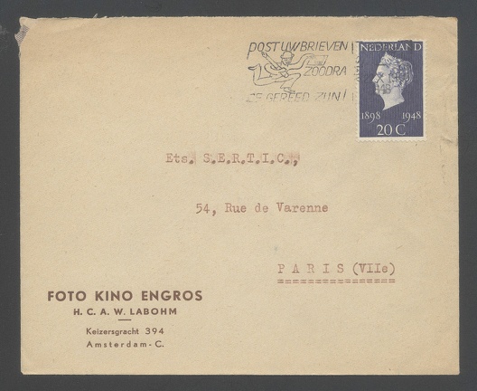 Item no. P793 (cover)
Type: cover
Country: The Netherlands
Date of use: 22 October 1948
Business stationery (cover) used by the company Foto Kino Engros H. C. A. W. LABOHM, wholesale dealer with equipment and materials for photography and cinematography in Amsterdam (The Netherlands).
Item no. P793 (cover).jpg