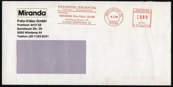Item no. P821 (postcard)
Type: cover
Country: Germany
Date of use: 8 March 1989
Business stationery (cover) used by the company MIRANDA Foto-Video GmbH in Nuremberg (Nürnberg, Germany), photographic shop with photo and video equipment and materials. The cover bears red frankmark advertising Chinon and Exakta cameras, and lenses.
Item no. P821 (cover).jpg
