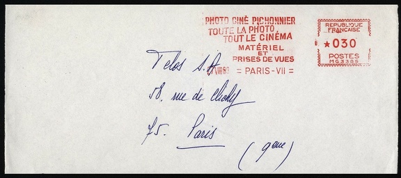 Item no. M307 (meter)
Type: frankmark
Country: France
Date of use: 27 August 1969
Red meter (on front part of a cover) advertising PHOTO CINÉ PICHNONNIER in Paris (France), a dealer with equipment and materials for photography and filming.
Item no. M307 (meter).jpg