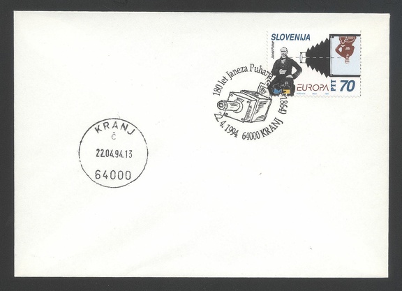 Item no. C91 (cancel)
Country: Slovenia
Date of use: 22 April 1994
Cancel (CTO, on cover) honoring 180th anniversary of birth of JANEZ PUHAR (1814 – 1864), Slovenian priest, poet, painter, photographer and inventor of photography on glass. The cancel is depressed on stamp honoring the same person as well.
Item no. C93 (cancel).jpg