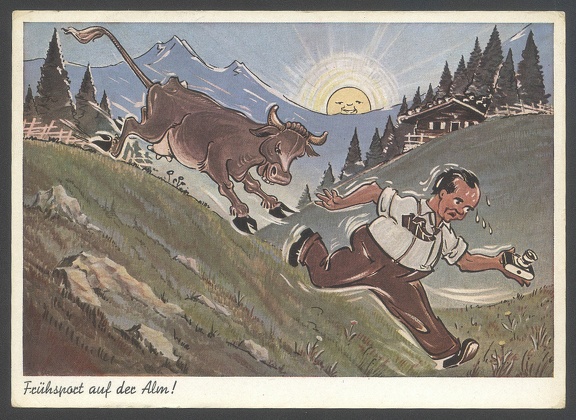 Item no. FP32 (funny postcard)
Type: postcard
The caption reads (in German): “A morning cross-country race on Alpine pasture”.
Item no. FP32 (funny postcard).jpg