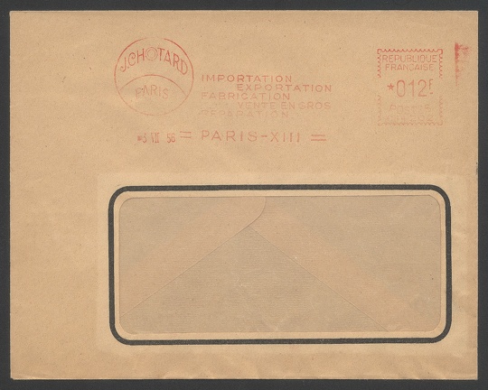 Item no. M318a (meter)
Type: frankmark
Country: France
Date of use: 3 July 1956
Red meter on cover (front of), advertising the company J. CHOTARD in Paris, importer/exporter dealing with photographic equipment. The back of the cover bears another red meter (zero value) to advertise the simple camera of bakelite BANCO. The camera was produced in Paris by the company KAFTA (founded by German-born Fritz Kaftanski) in 1950s. It had a pop-up shutter/lens assembled on a cylindrical tube and used type 620 spools with film. Frames had format 6 x 9 cm.
Item no. M318a (meter).jpg