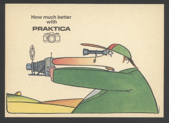 Item no. AP12 (ad postcard)
Type: postcard
Country: Germany (1989)
Postcard (I) of a 10-card set advertising PRAKTICA SLR cameras, manufactured by VEB Pentacon Dresden, with slogan “How much better with Praktica”.
Item no. AP12 (ad postcard).jpg