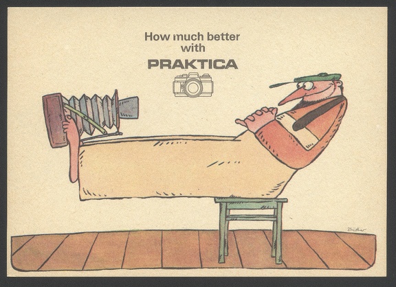 Item no. AP14 (ad postcard)
Type: postcard
Country: Germany (1989)
Postcard (III) of a 10-card set advertising PRAKTICA SLR cameras, manufactured by VEB Pentacon Dresden, with slogan “How much better with Praktica”.
Item no. AP14 (ad postcard).jpg