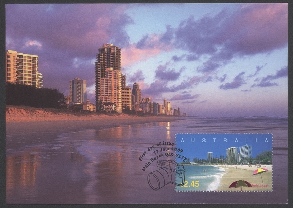 Item no. P932 (maxicard)
Type: cover
Country: Australia
Date of issue: 13 July 2004
Maxicard with a stamp (of a 4-stamp set) showing Australian places. It presents Main Beach of Gold Coast (Queensland, Australia) and it has a special FDC cancel stamped, showing a camera.
Item no. P932 (maxicard).jpg