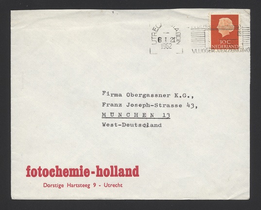 Item no. P931 (cover)
Type: cover
Country: The Netherlands
Date of use: 8 January 1962
Business stationery (cover) used by the company FOTOCHEMIE-HOLLAND in Utrecht, dealer with photographic materials and chemicals.
Item no. P931 (cover).jpg