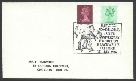 Item no. C169 (cancel)
Type: cancel
Country: Great Britain
Date of use: 27 January 1982
Special cancel on exhibition commemorating 150th anniversary of birth of LEWIS CARROLL (real name Charles Lutwidge Dodgson, 1832 - 1898), English writer, mathematician and photographer. L. Carroll’s most famous writing is “Alice’s Adventures in Wonderland” and he was famed for his photographs of young girls.
Item no. C169 (cancel).jpg