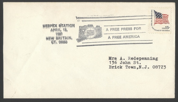 Item no. C181 (cancel)
Type: cancel
Country: USA
Date of use: 13 April 1980
Special cancel “A Free Press for a Free America”, honoring a weekly newspaper “American Free Press” published in the USA.
Item no. C181 (cancel).jpg
