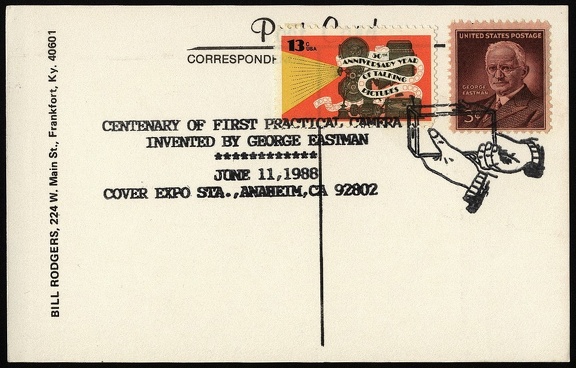 Item no. C185 (cancel)
Type: cancel
Country: USA
Date of use: 11 June 1988
Cancel (CTO, on postcard) commemorating the “Centenary of the First Practical Camera Invented by George Eastman”. The light and easy to carry and to make handheld operation camera used pre-loaded transparent, flexible rolled film enabling to take 100 exposures. After the full film was exposed, the whole camera was returned to the Kodak company in Rochester, New York, where the film was developed, prints were made, new photographic film was inserted, and then the camera and prints were returned to the customer.
Item no. C185 (cancel).jpg
