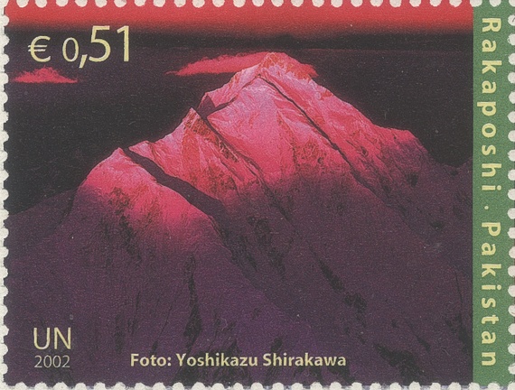Item no. S384c (stamp)
Type: stamp
Country: United Nations (Vienna)
Date of issue: 24 May 2002
Catalog number: Scott 316 (of 314 – 317)
Stamp (3) of a 4-stamp set issued to commemorate “International Year of the Mountain”. It shows reproduction of a photograph by Japanese landscape photographer YOSHIKAZU SHIRAKAWA (b. 1935) “Mt. Rakaposhi” in Pakistan.
Item no. S384c (stamp).jpg