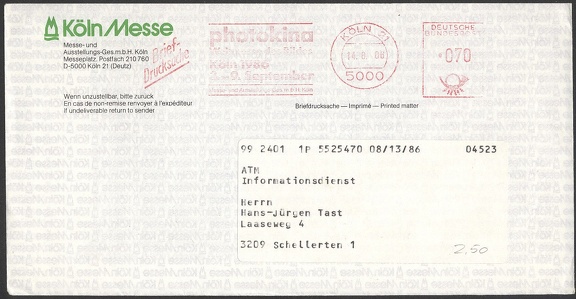 Item no. P997 (cover)
Type: cover
Country: Germany
Date of use: 14 August 1986
Cover used by the company Messe- und Ausstellungs Ges. m.b.H. in Cologne (Köln, Germany), organizer of trade fairs. On the cover there’s stamped the frankmark advertising the fair “Weltmesse des Bildes” PHOTOKINA to be held 2 – 9 September 1986.
Item no. P997 (cover).jpg