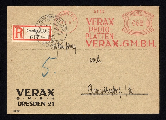 Item no. P980 (cover)
Type: cover
Country: Germany (Third Reich)
Date of use: 31 August 1932
Business stationery (cover of registered letter) used by the company VERAX G.m.b.H. in Dresden (Germany), manufacturer of photographic plates, chemicals and filters. The cover bears stamped red meter advertising “VERAX Photo-Platten”. Known are folding plate cameras with the VERAX brand name like Verax Gloria, Verax Superb.
Item no. P980 (cover).jpg