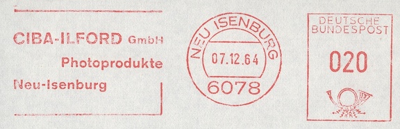 Item no. M354 (meter)
Type: frankmark
Country: Germany
Date of use: 18 October 1965
Meter advertising the photographic products (films and chemicals) manufactured by the company CIBA-ILFORD GmbH in Neu-Isenburg (Germany).
Item no. M355 (meter).jpg
