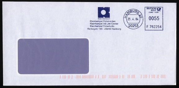 Item no. M383 (meter)
Type: frankmark
Country: Germany
Date of use: 23 April 2004
Blue meter on cover advertising the company KLEINHEMPEL in Hamburg (Germany), advertising agency and printing house offering product photography for catalogs or for the use in the Internet, also large-format printing.
Item no. M383 (meter).jpg