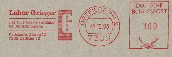 Item no. M385 (meter)
Type: frankmark
Country: Germany
Date of use: 28 October 1993
Red meter advertising LABOR GRIEGER in Osteildern (Germany), lab for professional color photography.
Item no. M385 (meter).jpg