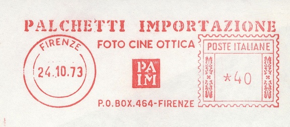 Item no. M386 (meter)
Type: frankmark
Country: Italy
Date of use: 24 October 1973
Red meter advertising the company PALCHETTI IMPORTAZIONE in Florence (Firenze, Italy), importer and dealer with photographic and cinematic equipment, and optical instruments.
-
Item no. M386 (meter).jpg