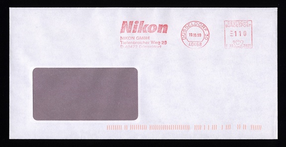 Item no. M400 (meter)
Type: frankmark
Country: Germany
Date of use: 19 October 1999
Meter advertising the company NIKON GmbH in Düsseldorf, general representative of the multinational NIKON CORPORATION that has its headquarters in Tokyo (Japan). Nikon produces a wide line of optical devices and measuring instruments, mostly cameras, lenses and accessories.
Item no. M400 (meter).jpg