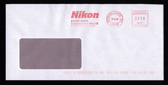 Item no. M401 (meter)
Type: frankmark
Country: Germany
Date of use: 15 October 1999
Meter advertising the company NIKON GmbH in Düsseldorf, general representative of the multinational NIKON CORPORATION that has its headquarters in Tokyo (Japan). Nikon produces a wide line of optical devices and measuring instruments, mostly cameras, lenses and accessories.
Item no. M401 (meter).jpg