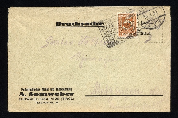 Item no. P1037 (cover)
Type: cover
Country: Austria
Date of use: 16 September 1931
Business stationery (cover) used by photographic studio and shop A. SOMWEBER in Ehrwald (Tirol, Austria). A. Somweber was also publisher of postcards with landscape views.
Item no. P1037 (cover).jpg