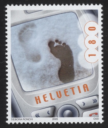 Item no. S455 (stamp)
Type: stamp
Country: Switzerland
Date of issue: 6 September 2005
Catalog number: Scott no. 1220 (of 1217 – 1220)
Stamp (IV) of a 4-stamp set presenting photographs taken by cameras built in cell phones. It shows reproduction of a photograph “Tracks in the snow” taken by Debora RONCHI. It’s the world-first postal issue of MMS. The 4 photographs were selected from over 3300 photographs submitted by general public in the “Swiss mobil – a country on the move” competition.
Item no. S455 (stamp).jpg