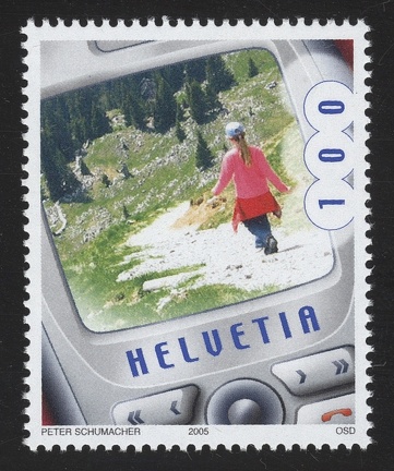Item no. S453 (stamp)
Type: stamp
Country: Switzerland
Date of issue: 6 September 2005
Catalog number: Scott no. 1218 (of 1217 – 1220)
Stamp (II) of a 4-stamp set presenting photographs taken by cameras built in cell phones. It shows reproduction of a photograph “Mountain hike” taken by Peter SCHUMACHER. It’s the world-first postal issue of MMS. The 4 photographs were selected from over 3300 photographs submitted by general public in the “Swiss mobil – a country on the move” competition.
Item no. S453 (stamp).jpg