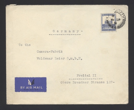 Item no. P1143 (cover)
Type: cover
Country: Palestine (Israel)
Date of use: 1936
Cover sent from Tel Aviv (Palestine) to the company CAMERA-FABRIK WOLDEMAR BEIER GmbH in Freital (Germany), manufacturer of plate, rollfilm and miniature cameras. The company was founded by W. Beier in 1923 as Freitaler Kameraindustrie Beier & Co.
Item no. P1143 (cover).jpg