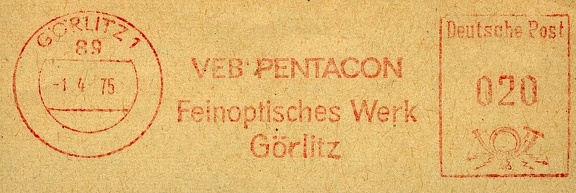 Item no. M433 (meter)
Type: frankmark
Country: Germany (DDR)
Date of use: 1 April 1975
Meter advertising the state enterprise VEB PENTACON FEINOPTISCHES WERK in Görlitz (Germany), formerly Meyer Optik – optical factory that was in 1968 integrated into industrial group VEB Pentacon Dresden, manufacturer of cameras, lenses and optical devices.
Item no. M433 (meter).jpg