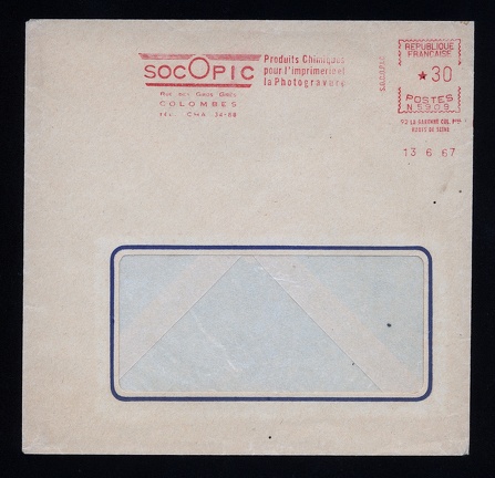 Item no. M431 (meter)
Type: frankmark
Country: France
Date of use: 13 June 1967
Meter on cover advertising the company SOCOPIC, manufacturer of chemicals for printing industry and for photogravure technology (aka heliogravure or Fox Talbot – Klič process).
Item no. M431 (meter).jpg