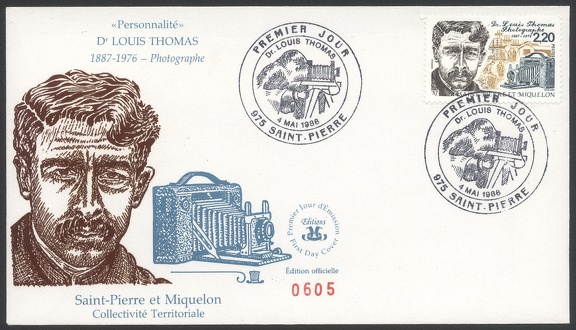Item no. P1180 (cover)
Type: cover
Country: St. Pierre & Miquelon
Date of issue: 4 May 1988
FDCover with stamp honoring Dr. LOUIS THOMAS (1887 – 1976), military doctor and photography lover who, in the period 1912 – 1926 during his three stays at St. Pierre & Miquelon islands, took more than a thousand photographs depicting daily life at the archipelago and reflecting life and work of sailors from Normandy at the time of the great cod fishing.
Item no. P1180 (cover).jpg