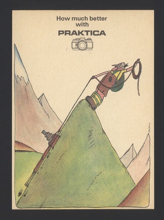 Item no. AP55 (ad postcard)
Type: cover
Country: Germany (1989)
Postcard (VIII) of a 10-card set advertising PRAKTICA SLR cameras, manufactured by VEB Pentacon Dresden, with slogan “How much better with Praktica”.
Item no. AP55 (ad postcard).jpg