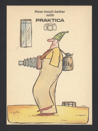 Item no. AP56 (ad postcard)
Type: cover
Country: Germany (1989)
Postcard (IX) of a 10-card set advertising PRAKTICA SLR cameras, manufactured by VEB Pentacon Dresden, with slogan “How much better with Praktica”.
Item no. AP56 (ad postcard).jpg