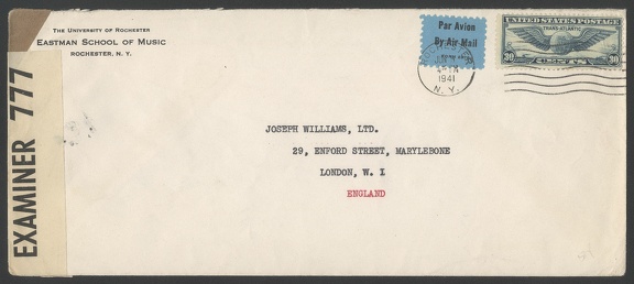 Item no. P1208 (cover)
Type: cover
Country: USA
Date of use: 5 June 1941
Business stationery (cover) used by the EASTMAN SCHOOL of MUSIC in Rochester (New York, USA), professional music conservatory within University of Rochester. It was established in 1921 by George Eastman (1854 – 1932), founder of the Eastman Kodak Company. The cover bears military censorship sticker used during WW II.
Item no. P1208 (cover).jpg