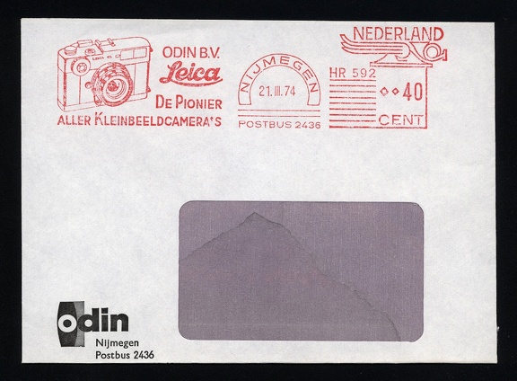Item no. P1251 (cover)
Type: cover
Country: The Netherlands
Date of use: 21 March 1974
Business stationery (cover) used by the company ODIN in Nijmegen (The Netherlands), photographic warehouse. The cover bears red frankmark advertising the 35 mm camera LEICA as “Pioneer of miniature cameras”.
Item no. P1251 (cover).jpg
