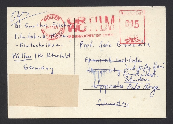 Item no. M443 (meter)
Type: frankmark
Country: Germany (DDR)
Date of use: 16 November 1964
Meter advertising ORWO Films, imprinted on business postcard used by VEB FILMFABRIK WOLFEN in Wolfen (DDR, district Bitterfeld). The state-owned factory was the biggest producer of photo & cine films and chemicals in the East Bloc.
Item no. M443 (meter).jpg