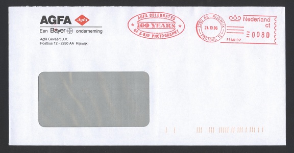 Item no. P1324 (cover)
Type: cover
Country: The Netherlands
Date of use: 24 October 1996
Business stationery (cover) used by the company AGFA-GEVAERT B.V. of Rijswijk (The Netherlands). The covers bears stamped commemorative frankmark with the slogan “AGFA celebrates 100 years of X-ray photography”.
Item no. P1324 (cover).jpg