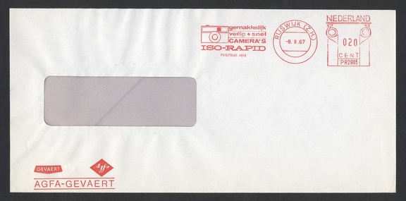 Item no. P1326 (cover)
Type: cover
Country: The Netherlands
Date of use: 8 November 1967
Business stationery (cover) used by the company AGFA-GEVAERT in Rijswijk (The Netherlands). The meter advertises simple Agfa fix-focus camera with a slogan Easy-Secure-Fast - Camera Agfa Iso-Rapid . Item no. P1326 (cover).jpg