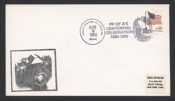 Item no. C219 (cancel)
Type: cancel
Country: USA
Date of use: 9 August 1980
Special cancel (CTO, on cover) commemorating the PP of A’s Centennial Celebration 1880 – 1980. PROFESSIONAL PHOTOGRAPHERS of AMERICA (PPA) was formed in April 1880.
Item no. C219 (cancel).jpg