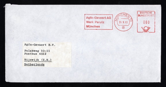 Item no. M454 (meter)
Type: frankmark
Country: Germany
Date of use: 29 September 1983
Meter on cover advertising the company AGFA-GEVAERT AG in Munich (München, Germany), that marketed their products manufactured in former Perutz factory under the Perutz name.
Item no. M454 (meter).jpg