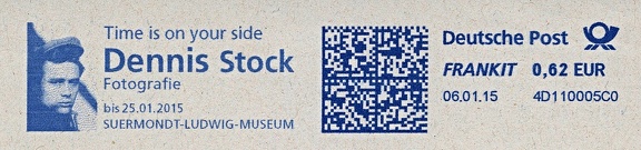 Item no. M460 (meter)
Type: frankmark
Country: Germany
Date of use: 6 January 2015
Meter advertising the photographic exhibition of DENNIS STOCK (b. 1928) “Time is on your side”. The exhibition consisted of 100 b/w photographs taken in the period 1950 -2010 of Hollywood stars, jazz greats, regular folks, hippies, travelers and others, during his travels throughout the United States. A photo book with the same title was promoted at the exhibition (Foreword by Anton Corbijn).
Item no. M460 (meter).jpg